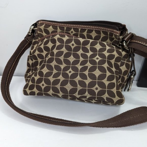 Fossil Canvas Brown Tan crossbody purse tote Signature - Picture 2 of 8